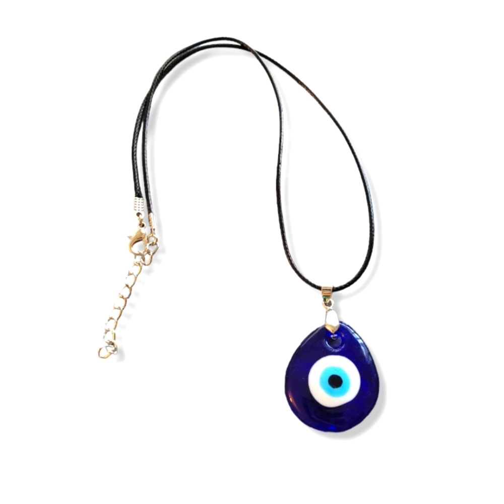 Evil Eye Turkish Glass Pendant with Black Cord Adjustable Necklace